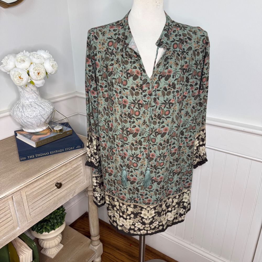 Natural Life Floral Tassel Tunic Top Sage Green Boho 3/4 Sleeve XS